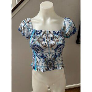 NWT MARINA St Barth Cassandra Smocked Off Shoulder Linen Top Paisley Print OS